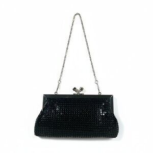 1990s Black Sequin Mesh Clutch Purse With Silver Chain Strap & Kiss Lock Closure
